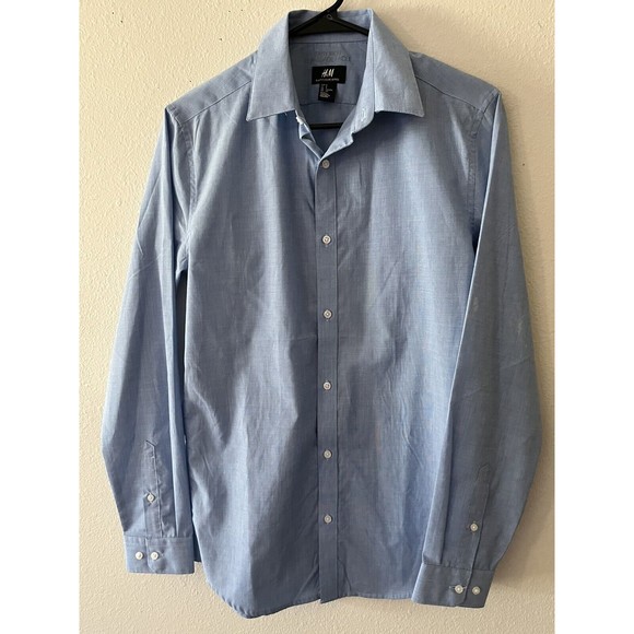 H&M Men’s Easy Iron Repassage Facile Button Up Long Sleeve Shirt Size S Blue - Picture 1 of 5